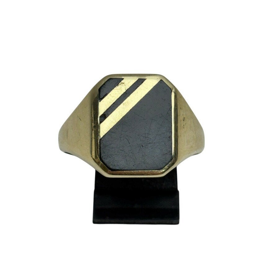 Herenzegelring met zwarte onyx en strepen in 14k goud, Gebruikt, 19 tot 20, Zwart, Heer