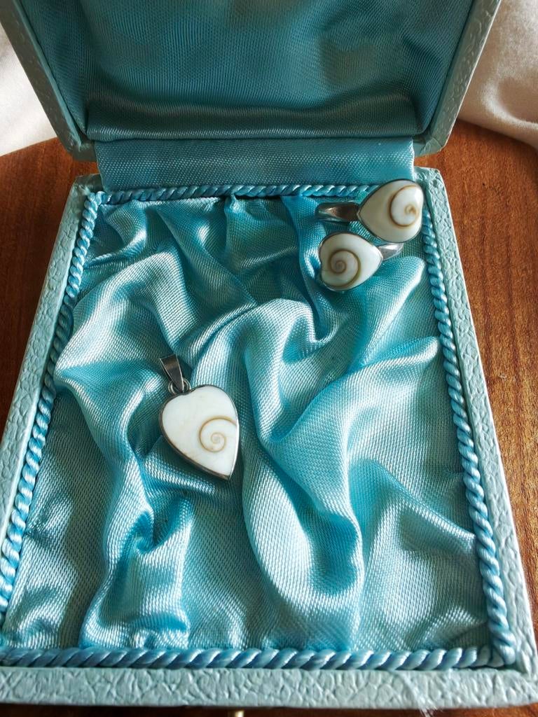 Zilveren Sterling 925 hanger en ring met schelp ingelegd, Gebruikt, Wit, Ophalen of Verzenden, Dame