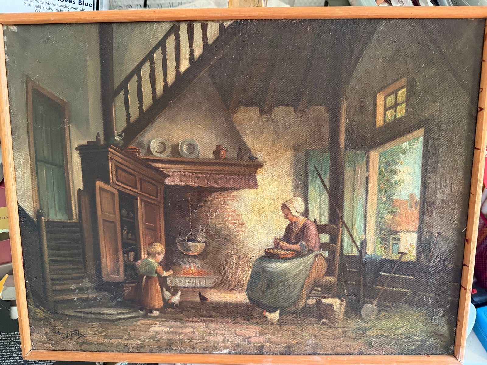Oud Hollands tafereel: Vrouw en kind bij de haard, Antiek en Kunst, Kunst | Schilderijen | Klassiek, Doek, Oud hollands, Ophalen of Verzenden