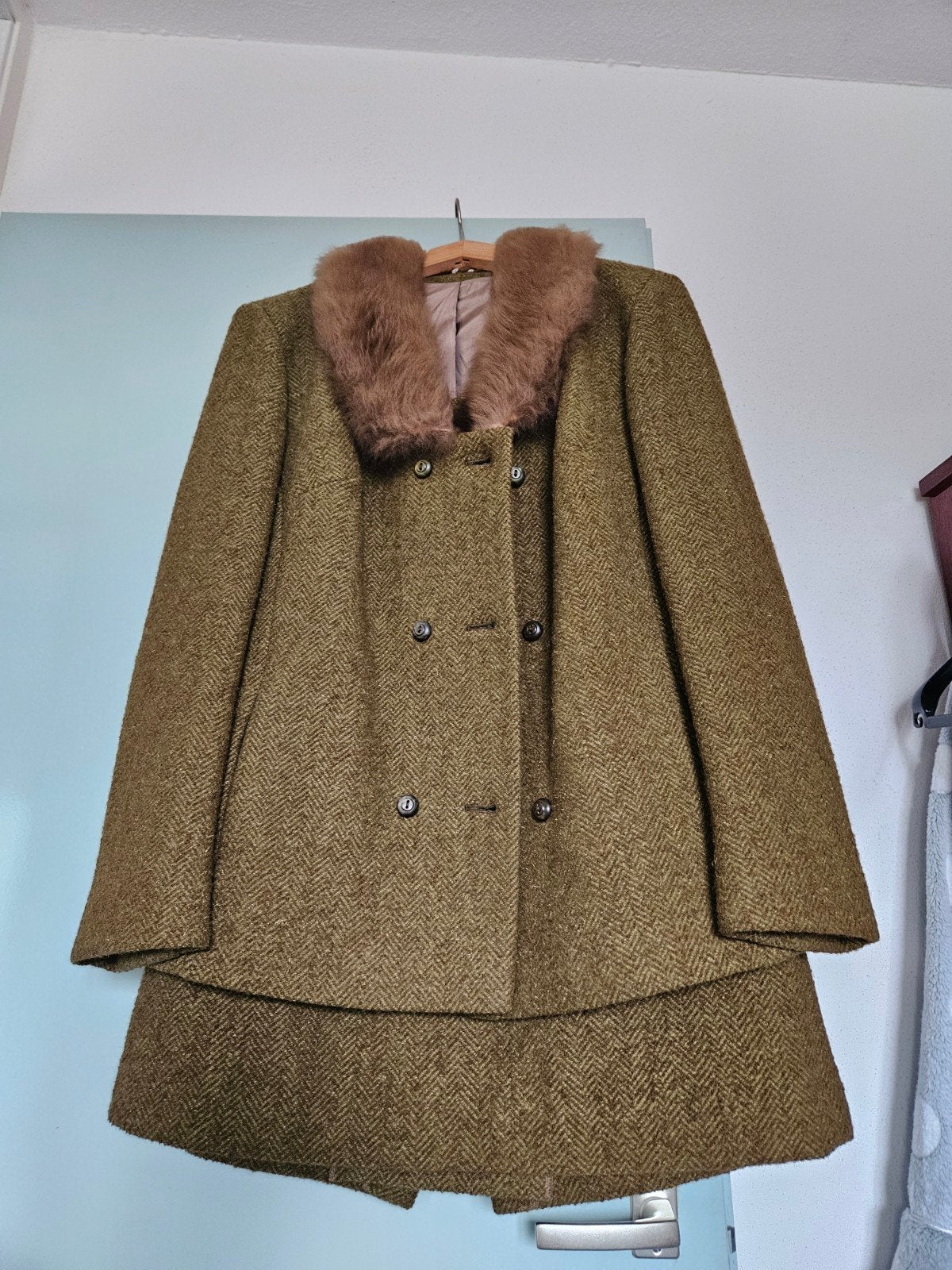 Vintage Mantelpak met Bontkraag - Groen, Ophalen