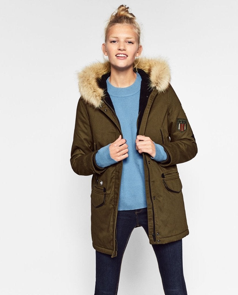 Zara winter jas winterjas in parkastijl met patches maat L, Meerkleurig, Zara, Maat 42/44 (L), Nieuw