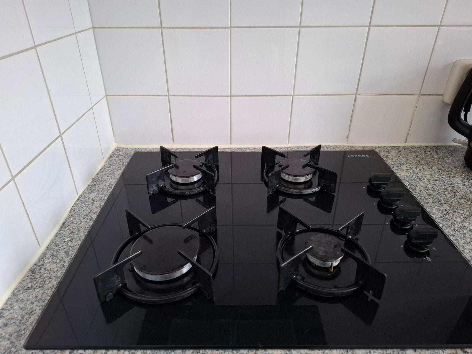 Arebos Gasfornuis 4-pits Zwart Glas - Zo goed als nieuw, Zo goed als nieuw, Gas, Vrijstaand, 4 kookzones