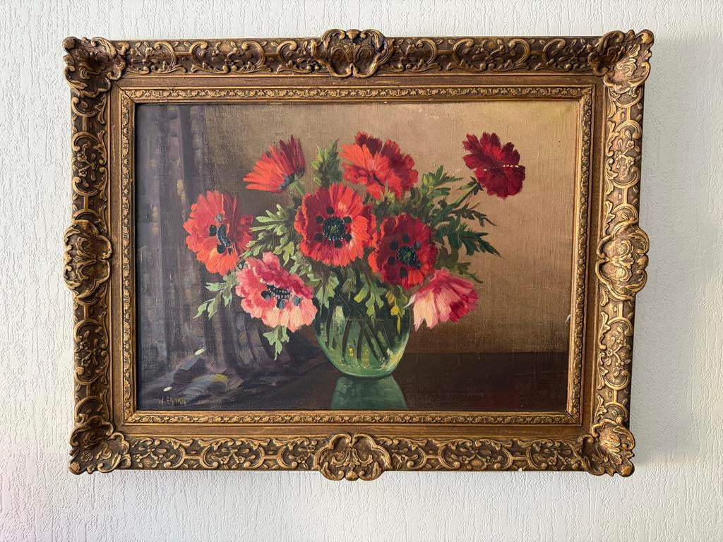 Olieverfschilderij van W. Egner - Bloemen in vaas, Ophalen