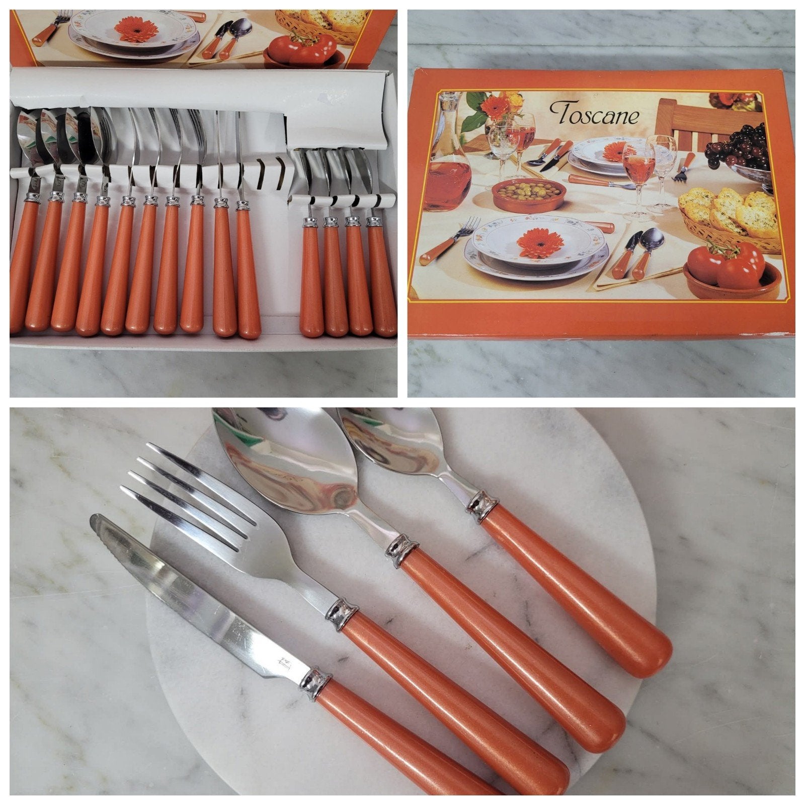 Toscane vintage bestekset - oranje -, Verzenden, Zo goed als nieuw, Rvs of Chroom