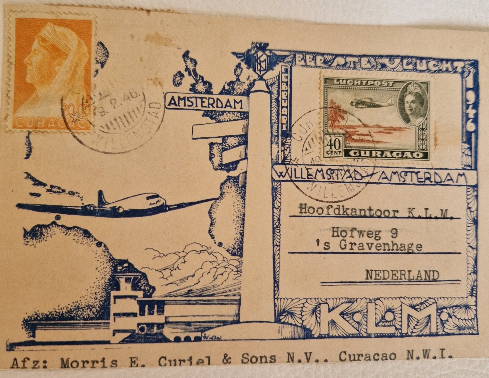 Eerste KLM vlucht Curaçao-Amsterdam 1946 luchtpost, Postzegels en Munten, Brieven en Enveloppen | Nederland, Ophalen of Verzenden