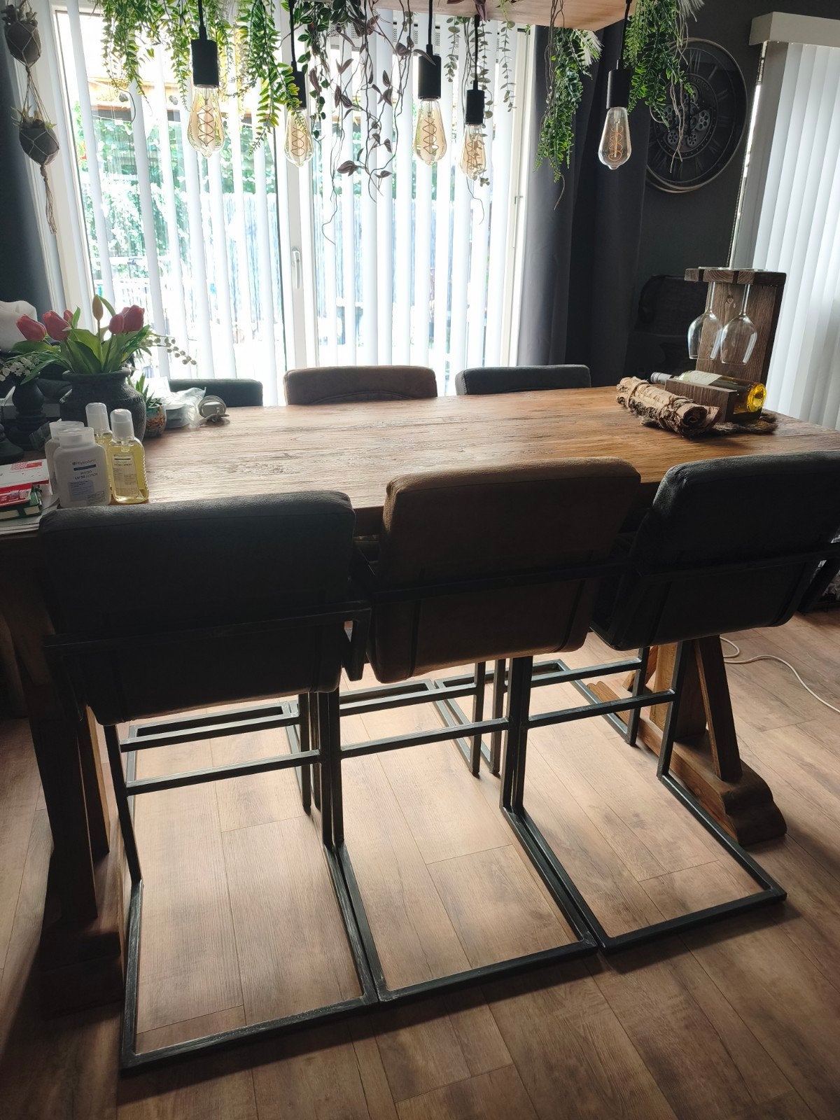 Robuuste houten eettafel met metalen onderstel, Gebruikt, 50 tot 100 cm, 150 tot 200 cm, Industrieel, Robuust