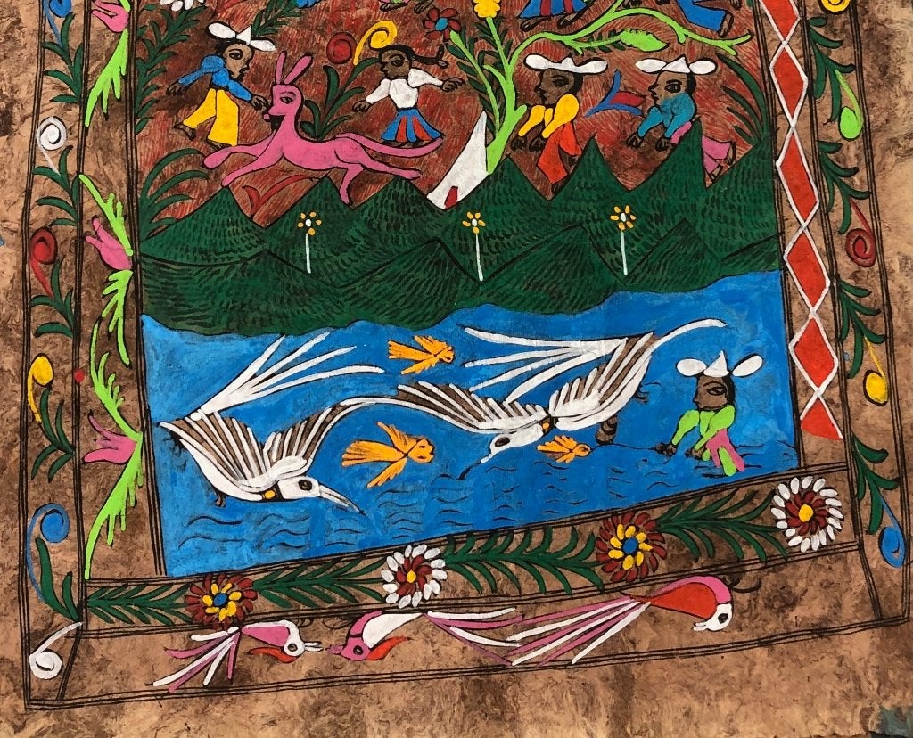 kleurige schilderingen op amate boombast, Mexico, Mexico, Ophalen of Verzenden, Schilderij, Natuurlijk materiaal