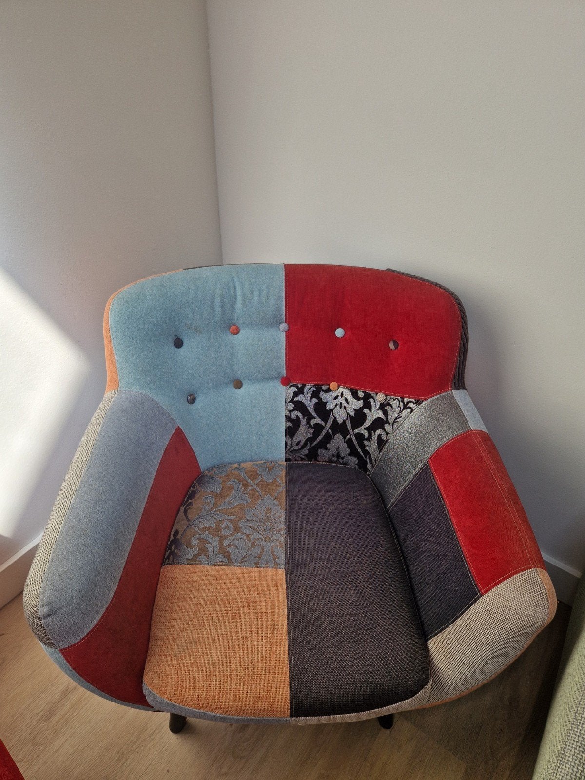 Patchwork fauteuil - kleurrijk en comfortabel, Huis en Inrichting, Stoelen, Ophalen, Gebruikt, Twee, Overige kleuren