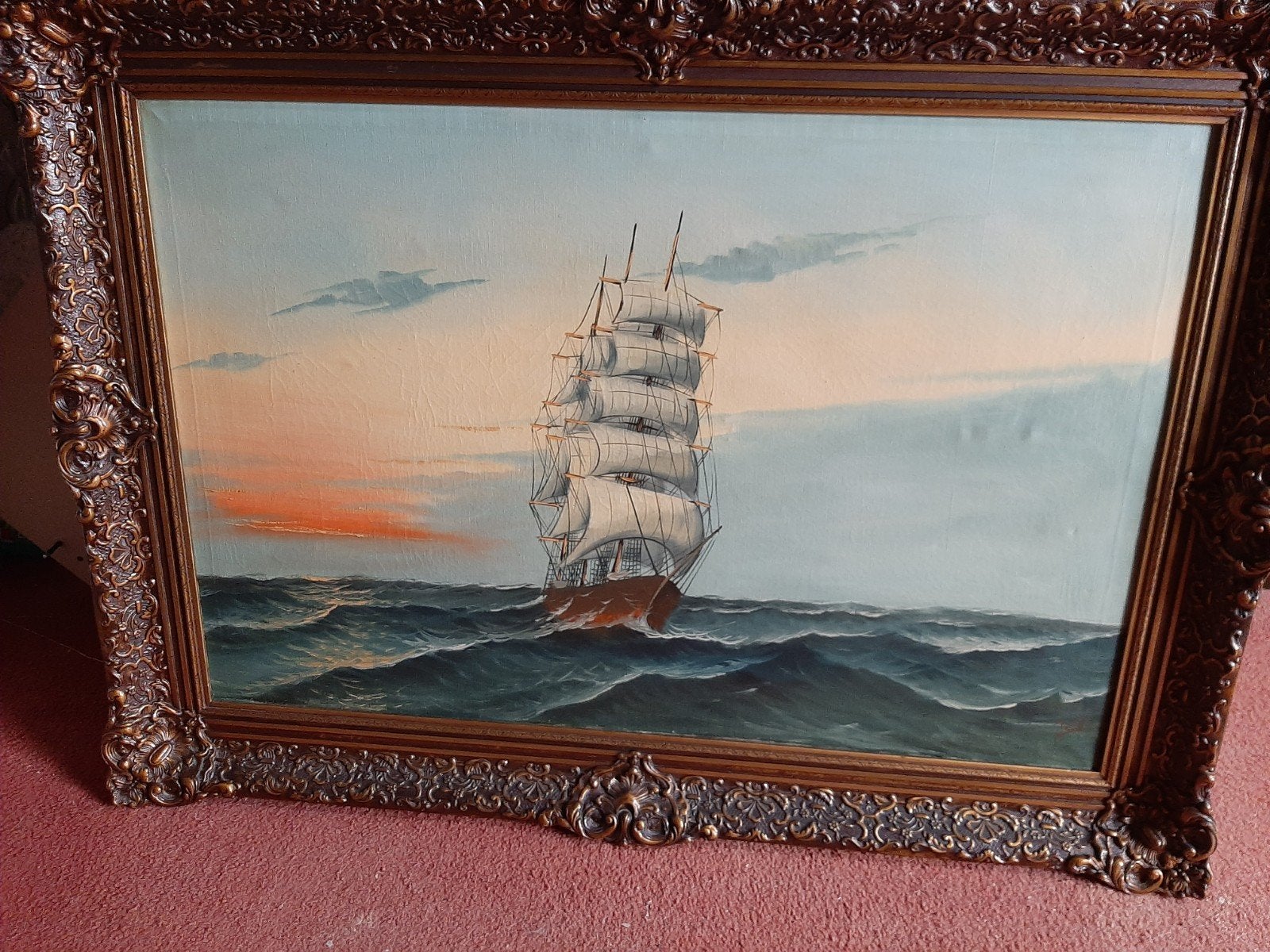 Schilderij van een boot op zee, Antiek en Kunst, Kunst | Schilderijen | Klassiek, Maritiem / water, Klassiek, Olieverf, Doek, Ingelijst