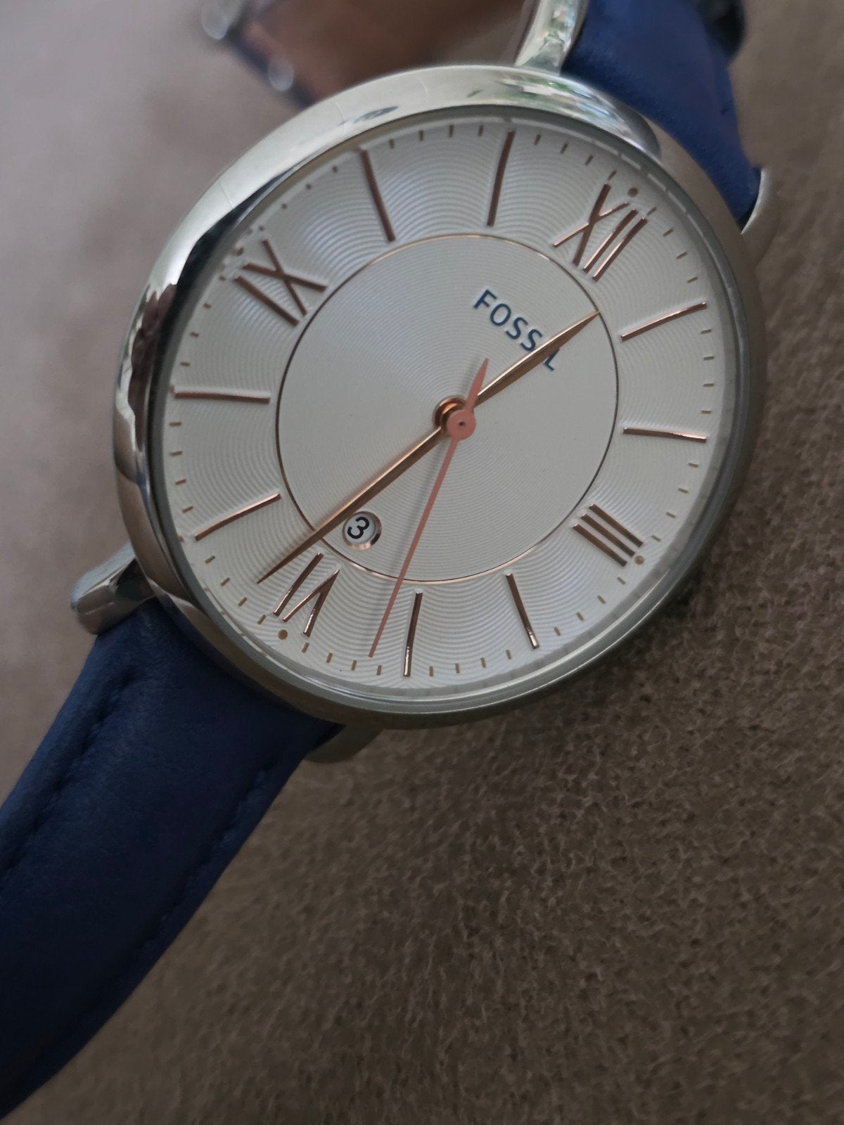 Fossil Jacqueline ES3843 dameshorloge met blauwe band, Sieraden, Tassen en Uiterlijk, Horloges | Dames, Leer, Staal, Fossil, Polshorloge