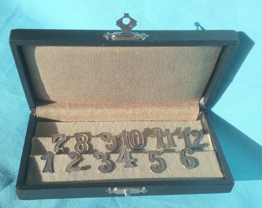 ZILVER ART DECO TAFELNUMMERS ALPACCA GLASHANGERS IN ETUI, Antiek en Kunst, Verzenden