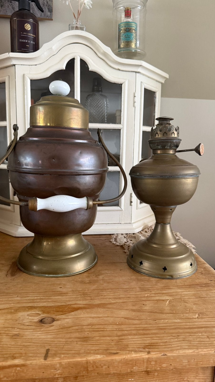 Set Antiek Messing en Koper - Olielamp & Brocante Pot, Antiek en Kunst, Antiek | Koper en Brons, Ophalen of Verzenden