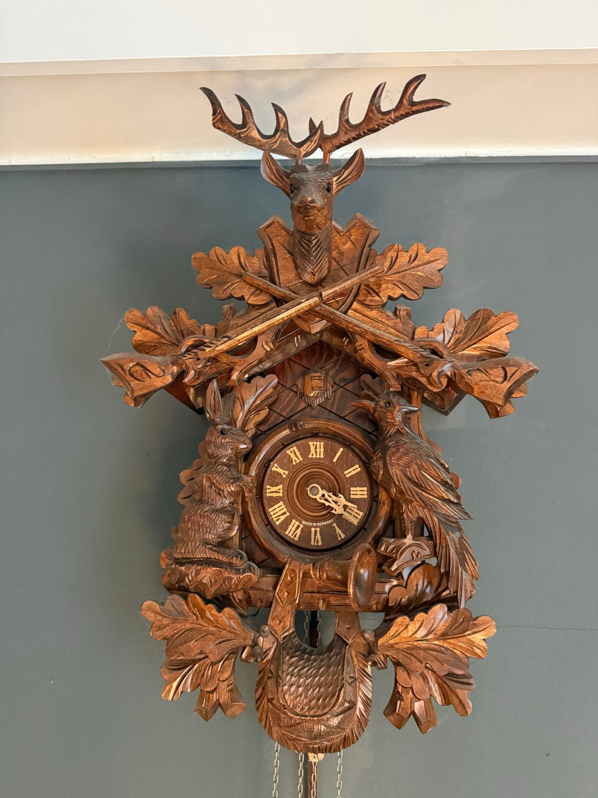 Antieke Koekoeksklok met Jachttafereel, Antiek en Kunst, Antiek | Klokken, Ophalen of Verzenden
