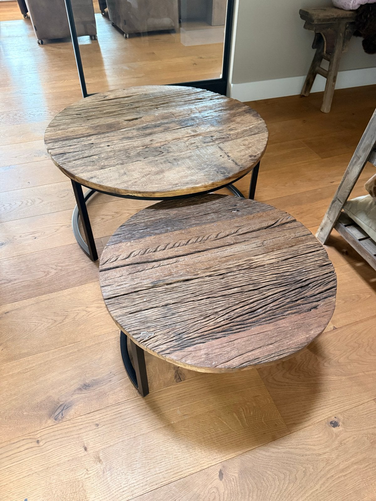 Set van 2 robuuste houten salontafels, rond, Ophalen, Gebruikt, Rond, 50 tot 100 cm