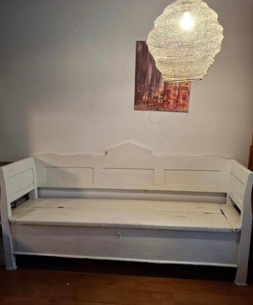 Landelijke houten bank met opbergruimte, Ophalen, Gebruikt, Minder dan 75 cm, Driepersoons