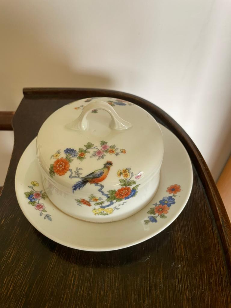 Vintage botervloot met vogel- en bloemmotief, Ophalen