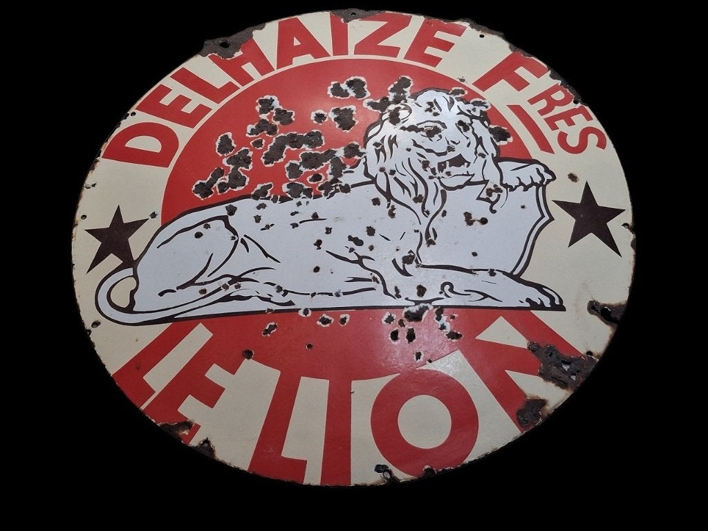 gebold oud emaille Delhaize reclamebord, Ophalen, Gebruikt, Reclamebord