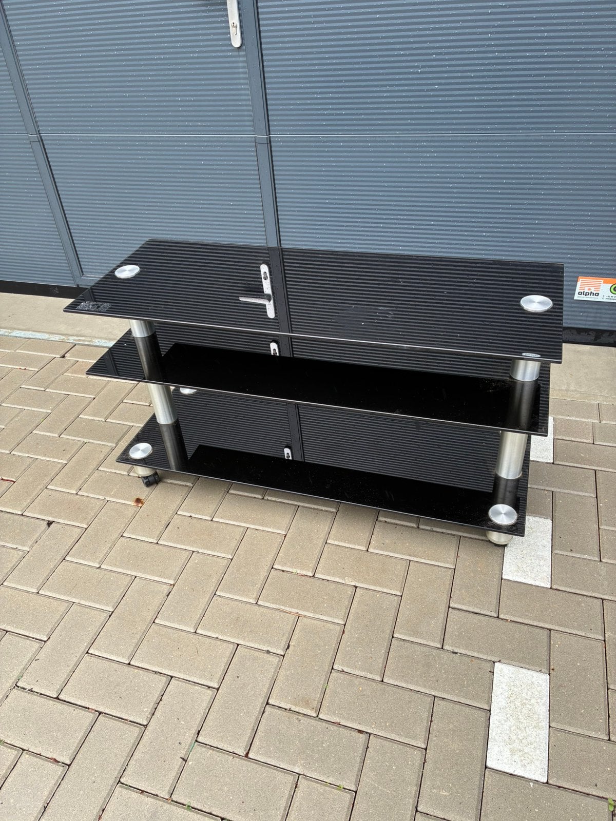 Glazen rek op wielen, Ophalen, Gebruikt, 100 tot 150 cm, Glas