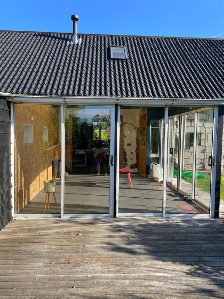 Glazen schuifpui met 4 deuren - complete serre 6x4m, Doe-het-zelf en Verbouw, Gebruikt, Aluminium, Ophalen of Verzenden, Inclusief glas
