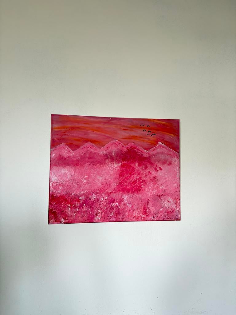 Abstract roze berglandschap schilderij, Antiek en Kunst, Kunst | Schilderijen | Abstract, Ophalen of Verzenden
