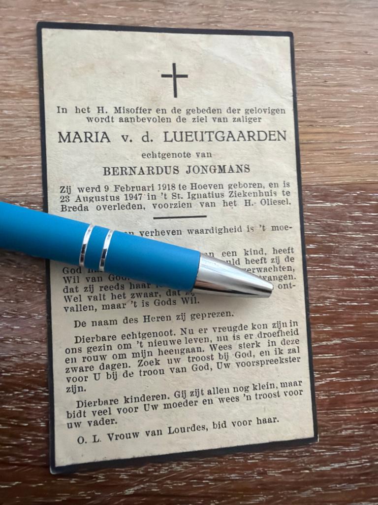 Lueutgaarden v.d. Maria 1918 Hoeven 1947 Breda x Jongmans, Ophalen of Verzenden, Bidprentje