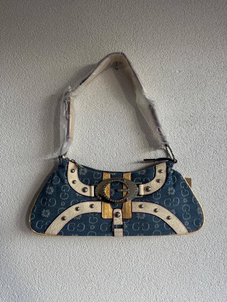 Vintage Y2K retro denim tas met logo print en gesp, Vintage, Blauw, Schoudertasje, Vintage