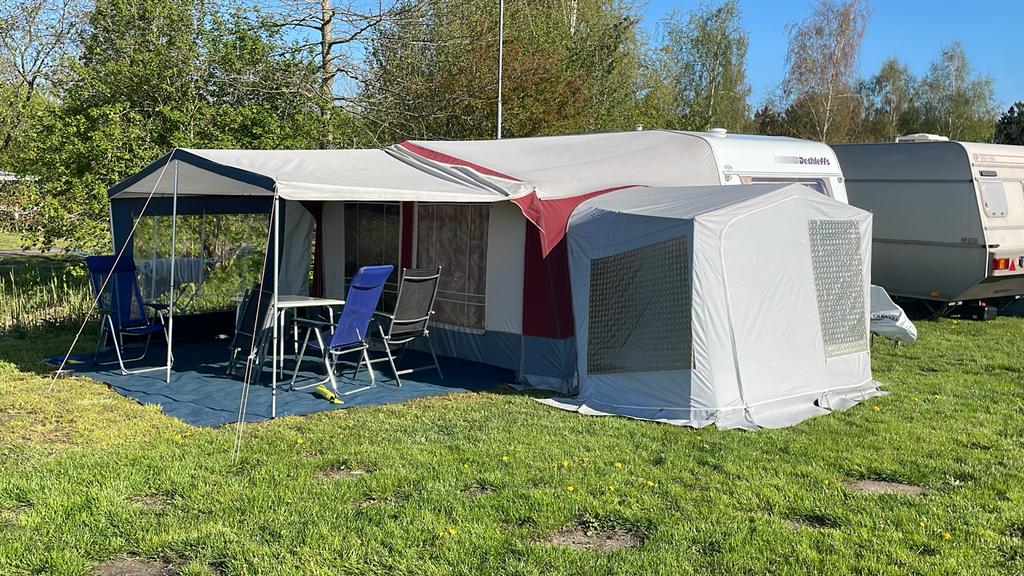 Voortent Trio Mexico omloopmaat 8 met aanbouw slaaptent, Caravans en Kamperen, Tenten, Ophalen, Gebruikt, Tot en met 2