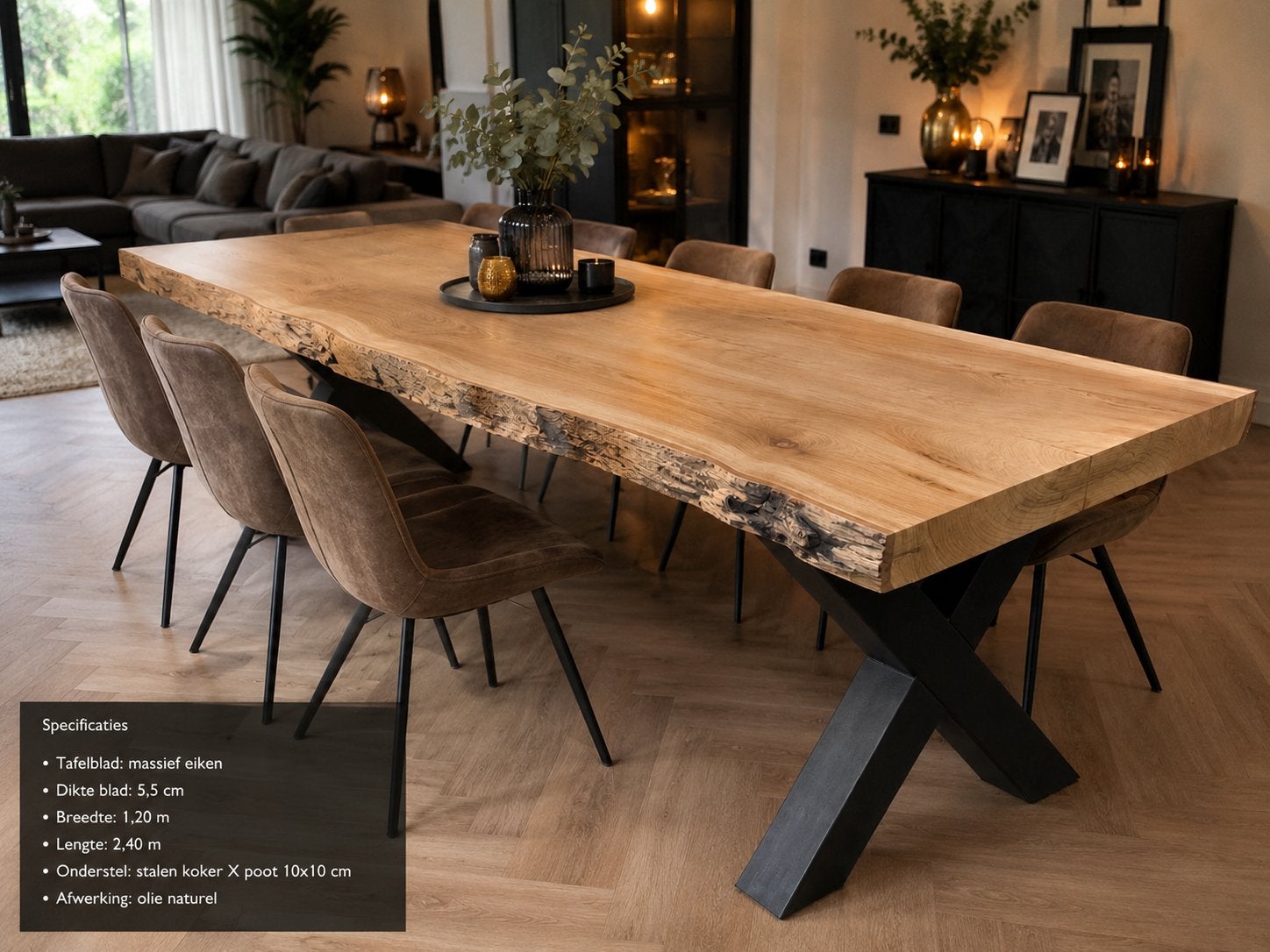 Massieve Eiken Tafel – Uniek Boomstamblad met Stalen X-poten, Huis en Inrichting, Tafels | Eettafels, Ophalen, 100 tot 150 cm