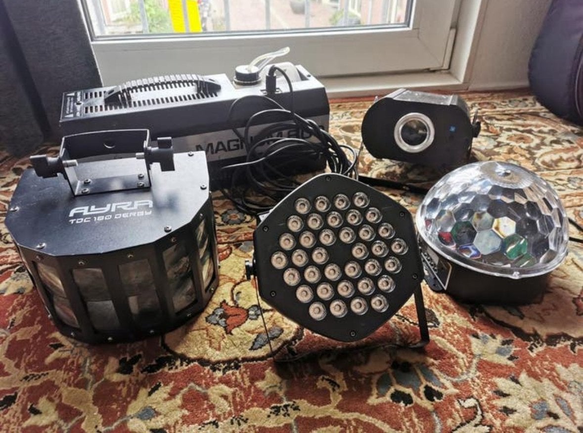 Rookmachine, laser en discolampen, Ophalen, Gebruikt, Licht, Geluidgestuurd