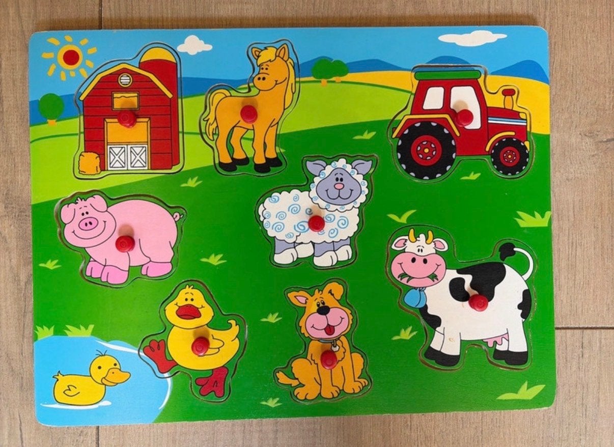 Houten boerderij dieren nopjes puzzel, 2 tot 4 jaar, Gebruikt, Ophalen of Verzenden, Van hout