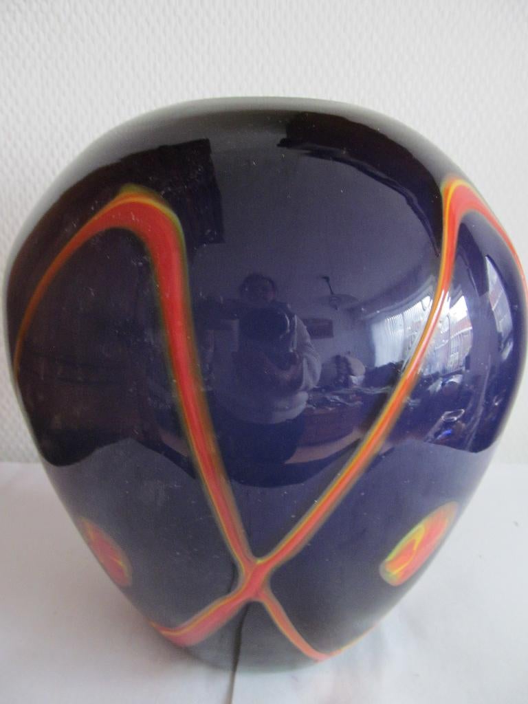 Grote vaas van studio glas, handwerk, Ophalen, Blauw, Minder dan 50 cm, Glas