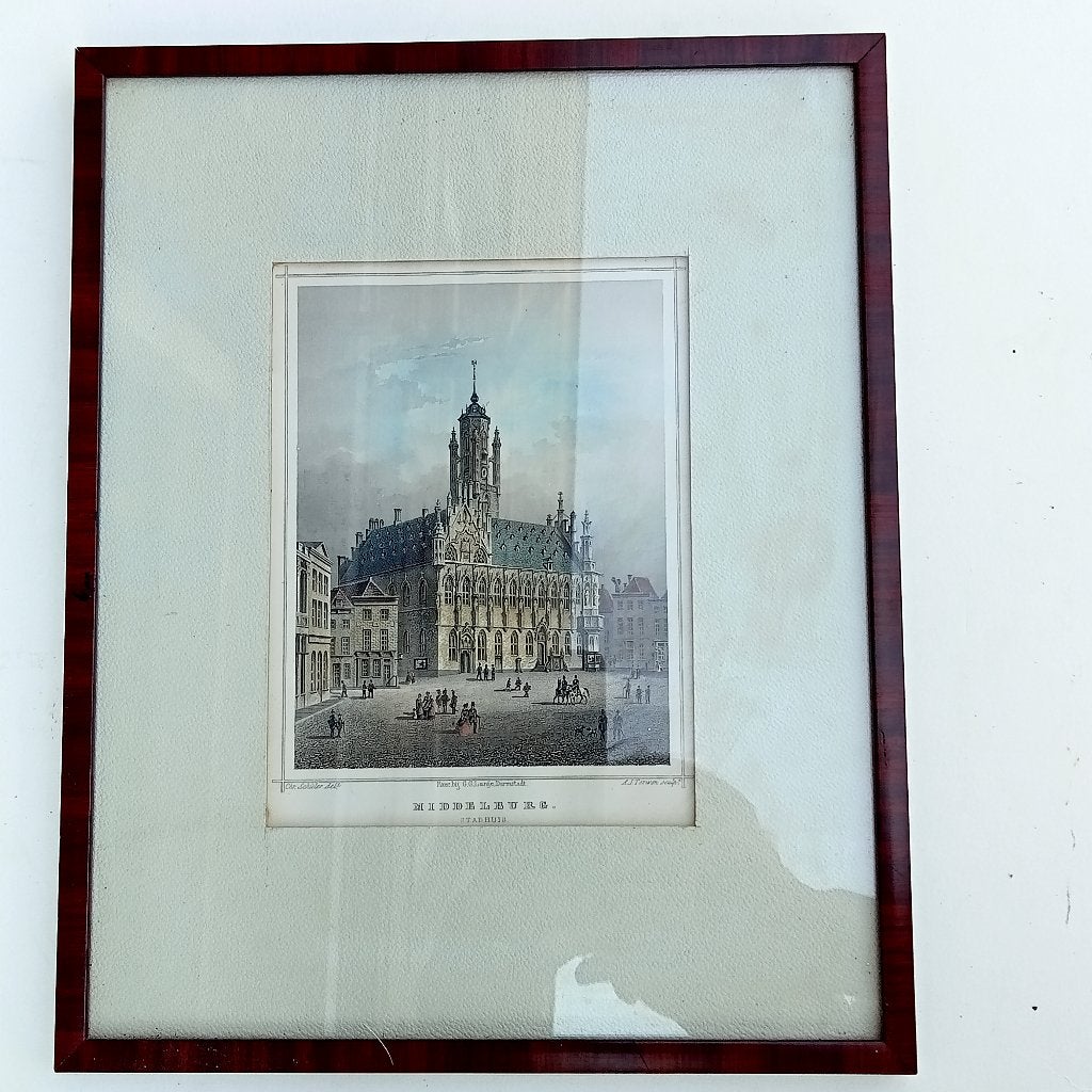 Middelburg Stadhuis Staalgravure A.J. Terwen ca. 1858 ingel., Antiek en Kunst, 31 cm, Met tekst, 1800 - 1899, Stadsgezicht