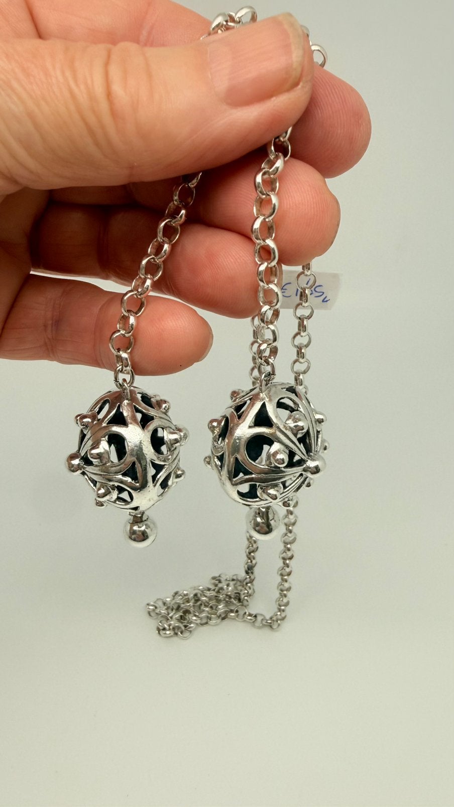 Oude lange zilveren jasseron ketting met twee grote ballen., Verzenden, Zo goed als nieuw, Zilver