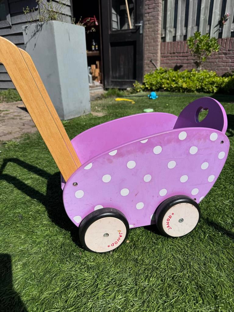 Janod Houten Poppenwagen - Paars met Witte Stippen, Ophalen, Gebruikt, Overige typen