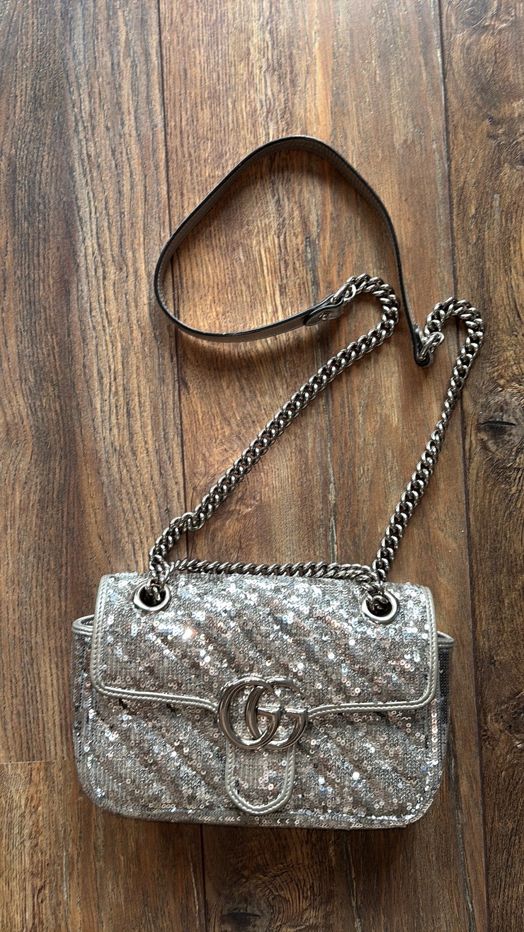 Gucci GG Marmont Sequin Medium - Silver, Ophalen, Zo goed als nieuw, Overige kleuren, Schoudertasje