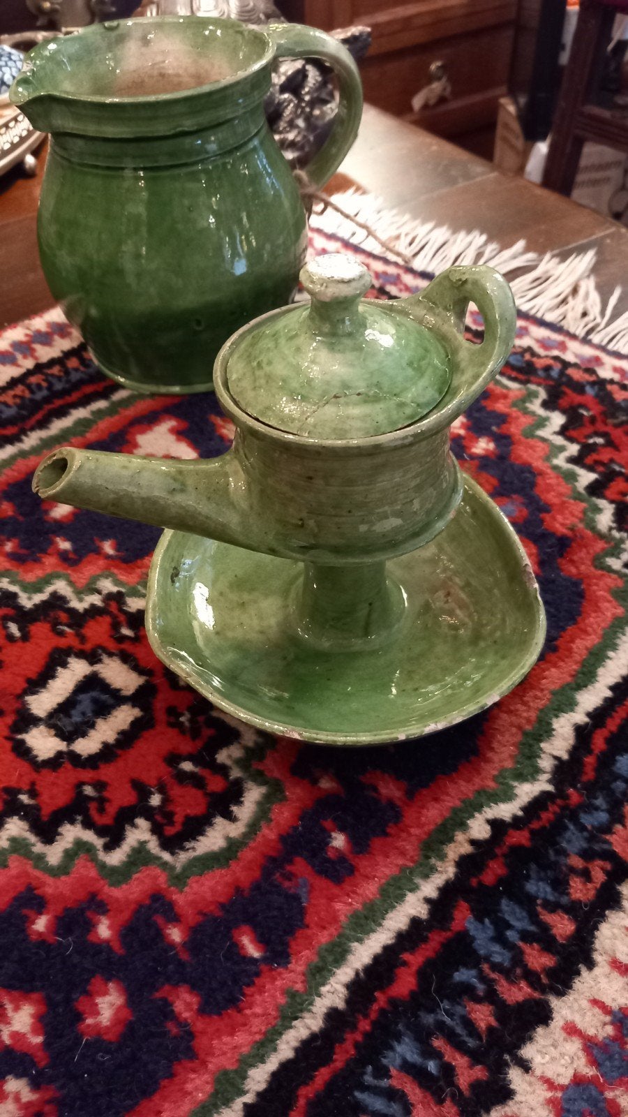 vroeg 18e eeuwse Groene Aardewerk Olie Lamp met Deksel, Ophalen of Verzenden