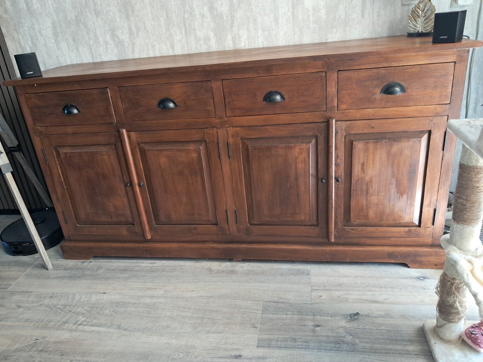 Massief teak houten dressoir met lades en deuren, Gebruikt, Ophalen of Verzenden, 200 cm of meer, Klassiek, Landelijk