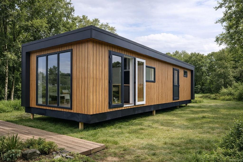 MODERNE GASLOZE CHALETS NIEUW UIT VOORRAAD LEVERBAAR 11.5x4m, Vakantie, Vakantiehuizen | Duitsland, 2 slaapkamers, Wasmachine