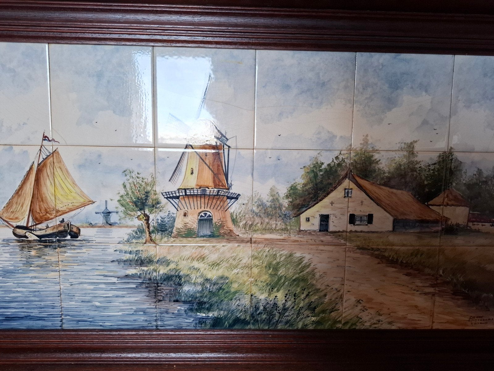 Oud-Delfts polychroom tegeltableau met molen en schip, Ophalen