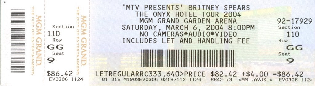 CONCERTKAARTJE BRITNEY SPEARS 6-3-2004 LAS VEGAS, Ophalen of Verzenden, Gebruikt, Foto of Kaart