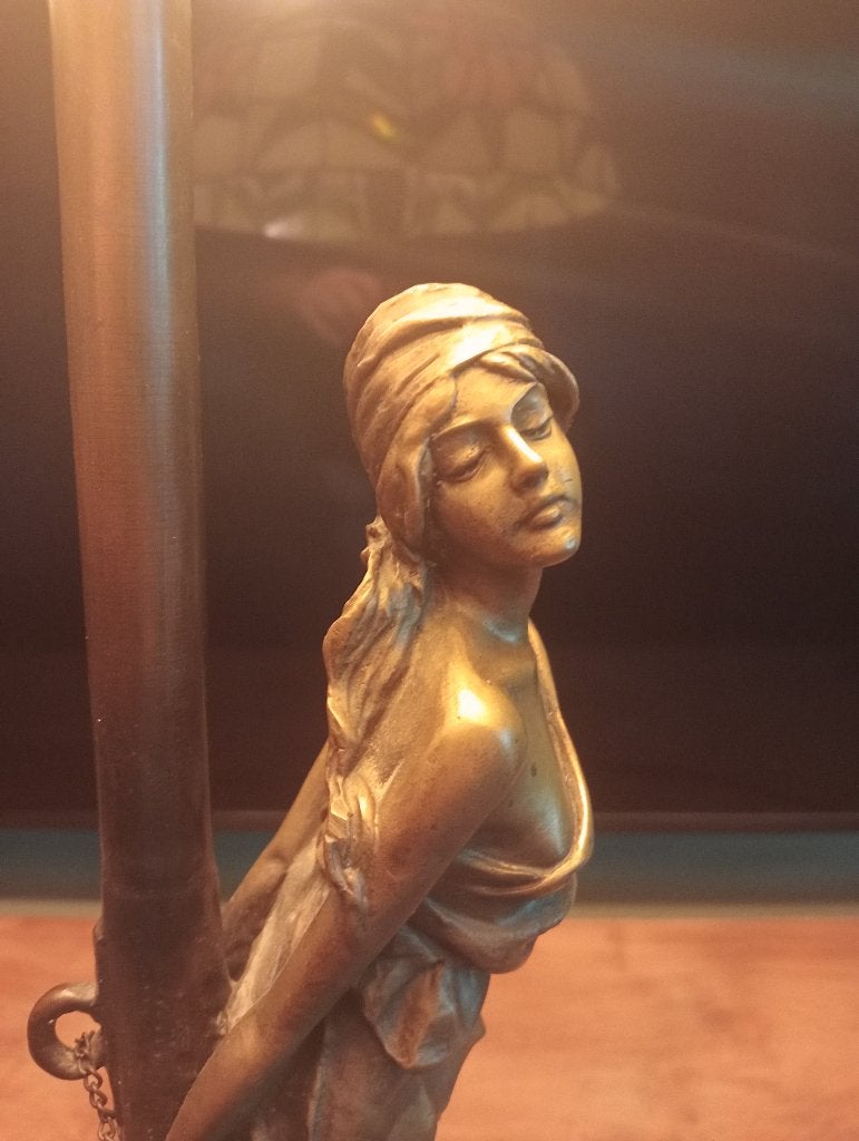 bronzen Tiffany Lady Dame lamp gesigneerd, Ophalen, Zo goed als nieuw, Glas, 50 tot 75 cm