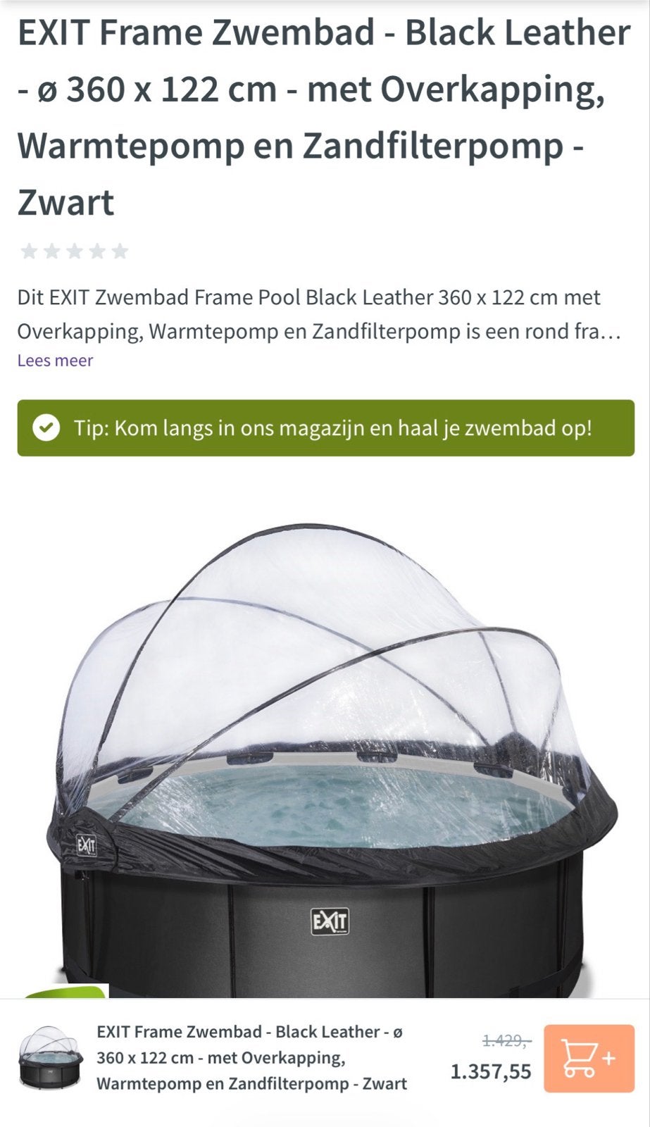 EXIT Frame Zwembad Black Leather Ø 360x122cm met Overkapping, Ophalen of Verzenden, Gebruikt