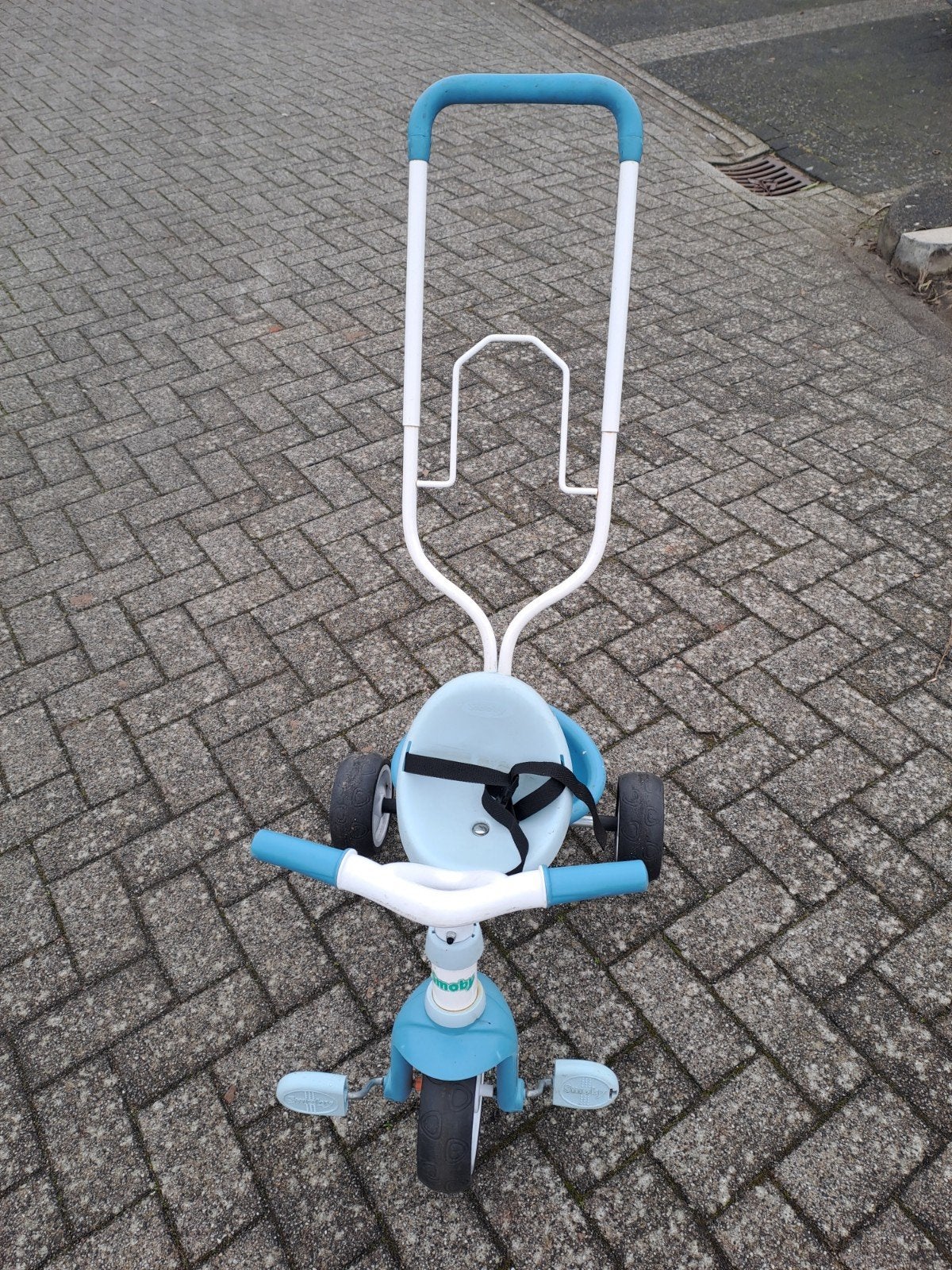 Stevige gebruikte blauwe Smoby loopfiets met duwstang., Ophalen, Duwstang
