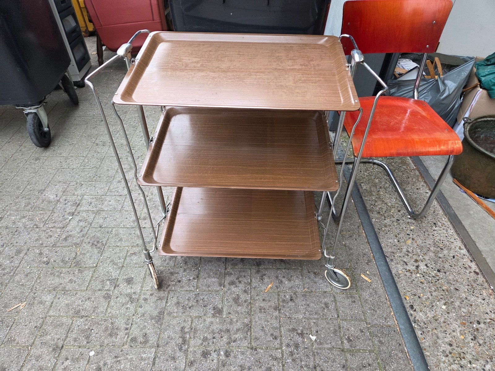 Opklapbare theetrolley van Bremshey & Co, chroom en hout, Vintage, Gebruikt, Bremshey & Co, Onbekend