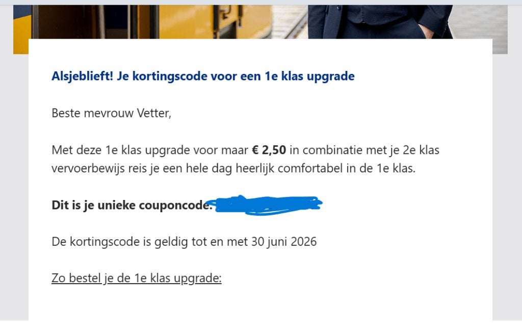 1ste klas upgrade trein NS dagkaart, Tickets en Kaartjes, Eén persoon, Trein, Nederland, Overige typen