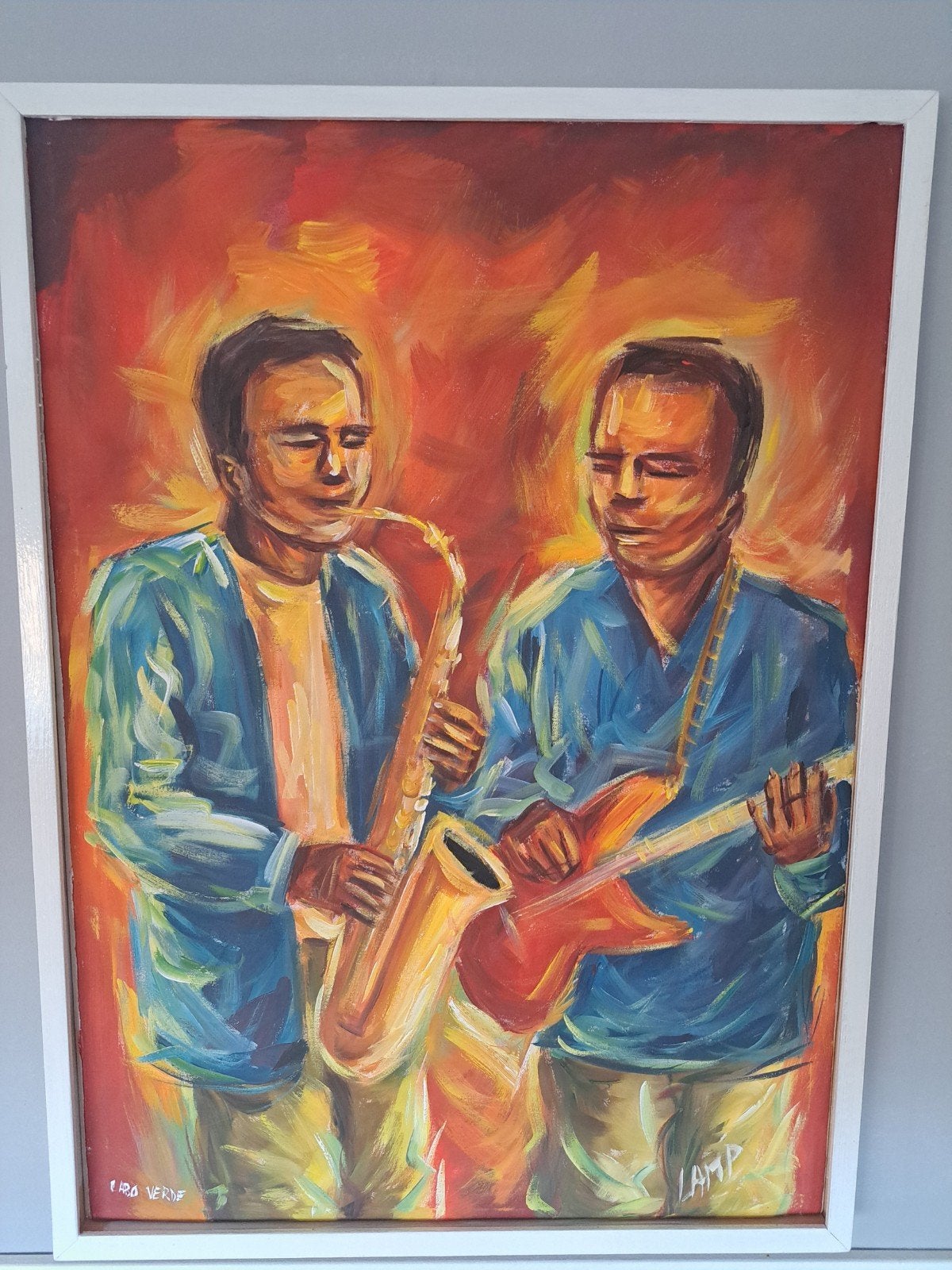 Handgeschilderd schilderij:Muzikanten met saxofoon en gitaar, Ingelijst, Ophalen of Verzenden, Olieverf, Muziek