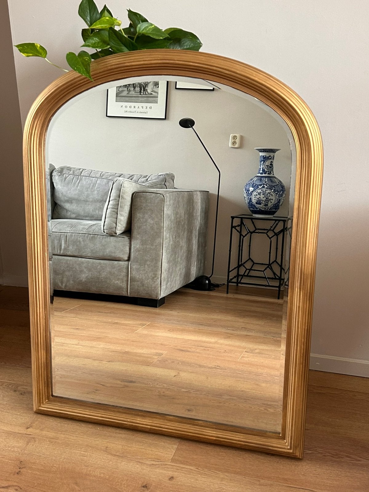 Prachtige vintage gouden Deknudt boog spiegel XL, Ophalen, Gebruikt, 100 tot 150 cm, 75 tot 100 cm
