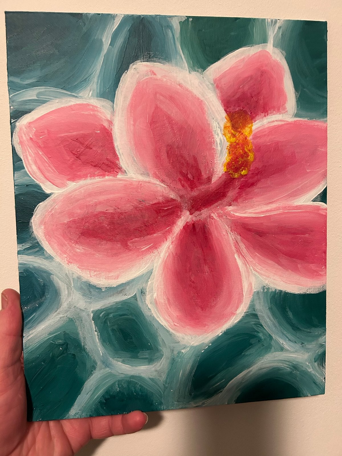 Schilderij met roze bloem, Acrylverf, Handgeschilderd, Ophalen of Verzenden, Bloemen