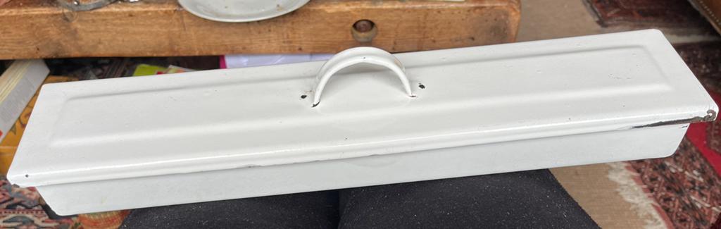Zeldzaam …Witte langwerpige Emaille Trommel met Deksel, Antiek en Kunst, Antiek | Emaille, Ophalen of Verzenden