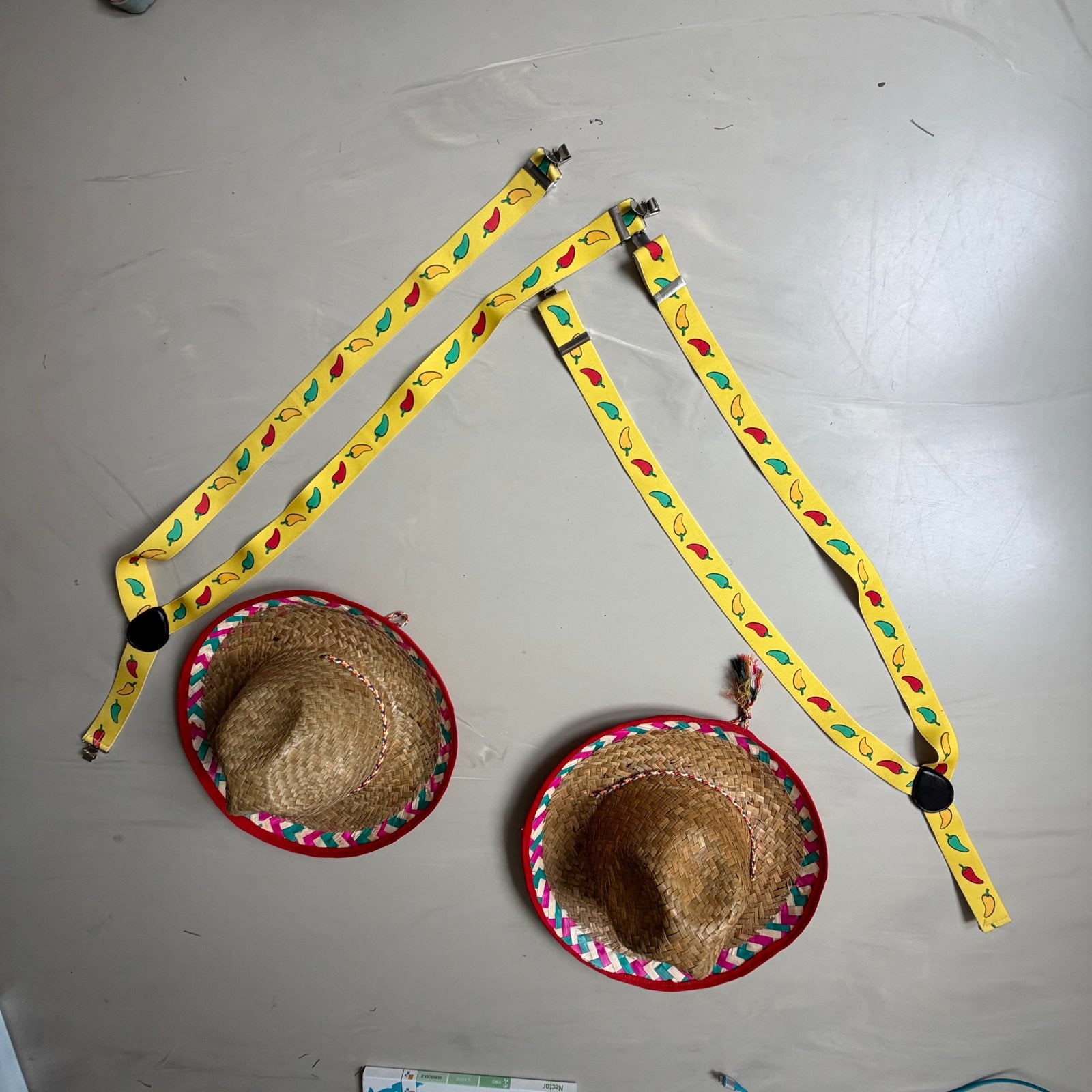 Feestset: Sombrero's en bretels met chilipepers, Ophalen of Verzenden, Gebruikt, Feestartikel, Carnaval